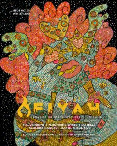 Cover of FIYAH Magazine Winter 24, Issue 29, featuring art of a red-haired person rendered in a mosaic tile style by Jordan Penland. Contributors include P.C. Verrone, N. Romaine White, Jo Telle, Olumide Manuel, and Carol B. Duncan. Issue edited by Nelson Rolon.